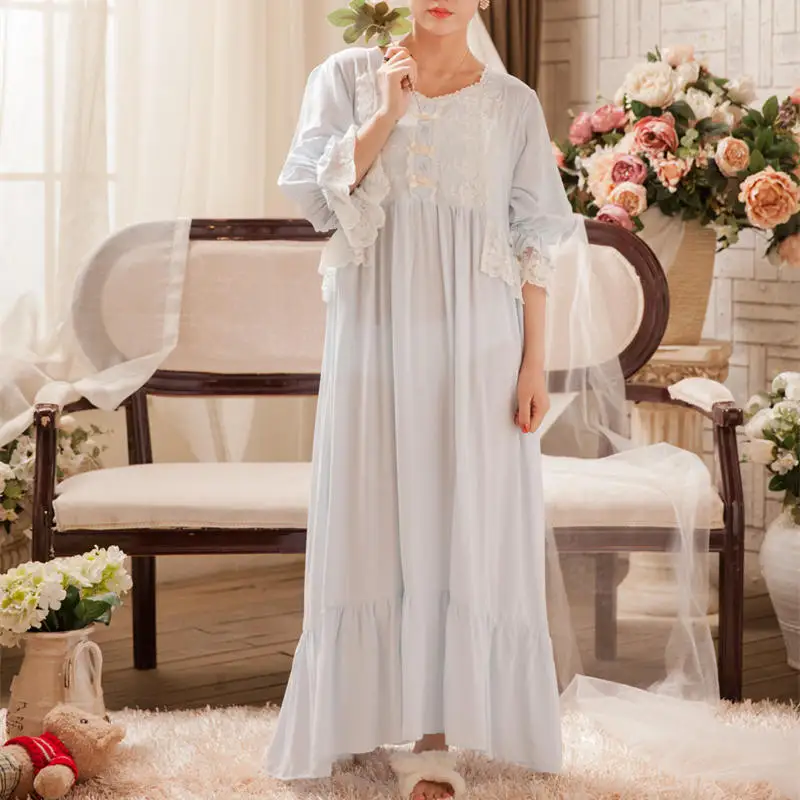 Light Blue Винтажная Ночная рубашка в викторианском стиле для сна, осенняя женская пижама, кружевная ночная одежда с рюшами, домашняя одежда, розовая хлопковая одежда для отдыха T283 - Цвет: Light Blue