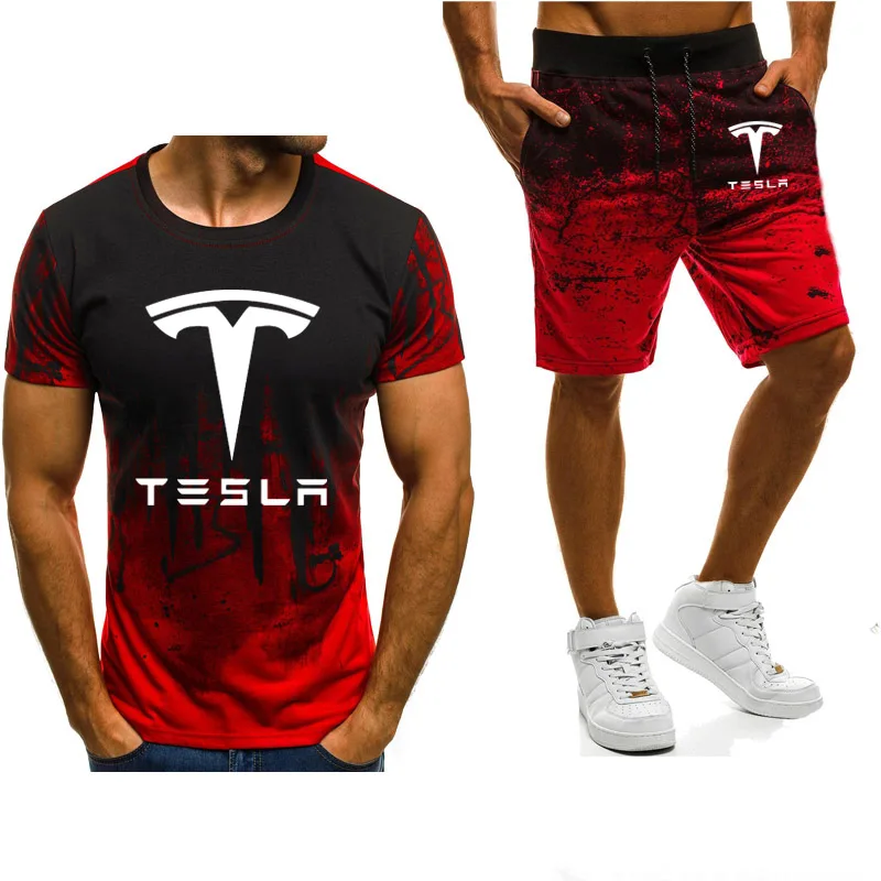 

2021 Summer T-shirt Tesla Logo Printing Gradient Casual Short Sleeve High Quality Cotton Men's T-shirt + Shorts 2-piece Suit