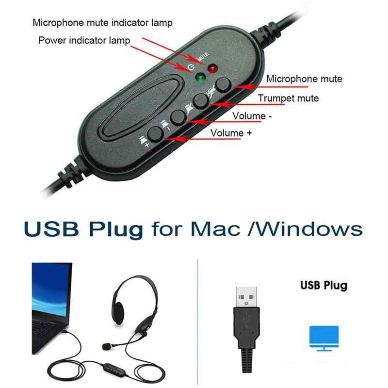 USB Interface Headset Wired Stereo Gaming Headphone with Mic for Office Customer Service Adjustable Computer Laptop Desktop | Электроника