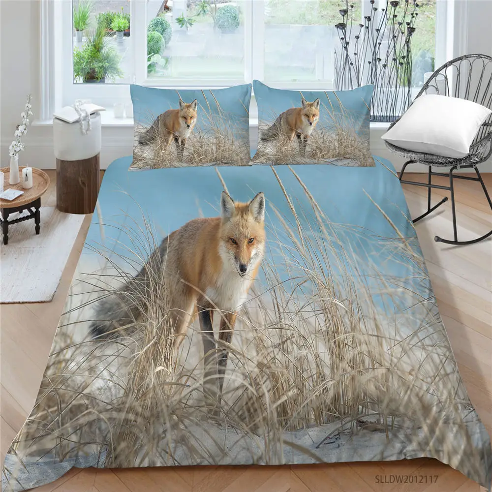 

Fox Print Bed Set Queen Lifelike Fresh 3D Dry Grass Duvet Cover Comfortable King Twin Full Single Double Bedding Set Hot Sale