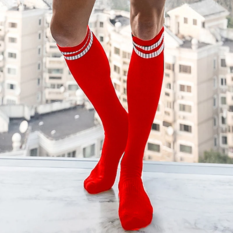 

1 Pair Men Crew Sports Long Tube Socks Striped White Black Red Knee Leggings Soccer Casual Sexy Male Stocking