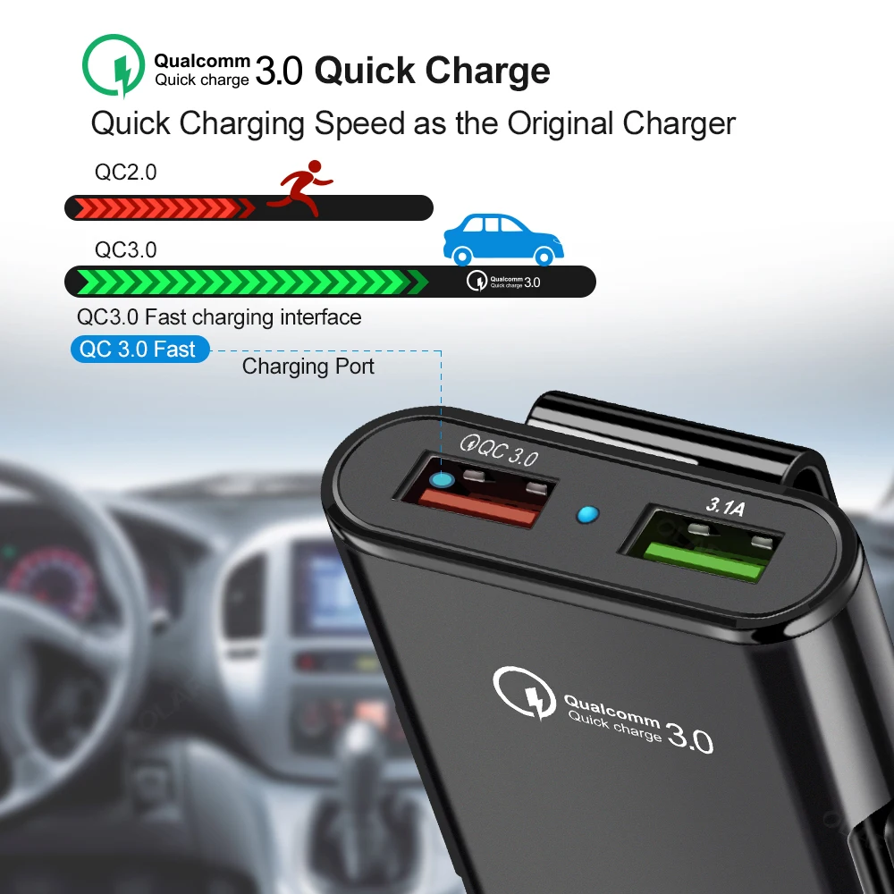 Автомобильное зарядное устройство с 4 usb-портами, быстрая зарядка 3,0, автомобильное зарядное устройство с кабелем 1,7 м для планшета, смартфона iPhone X 8 7, расширенный адаптер QC 3,0