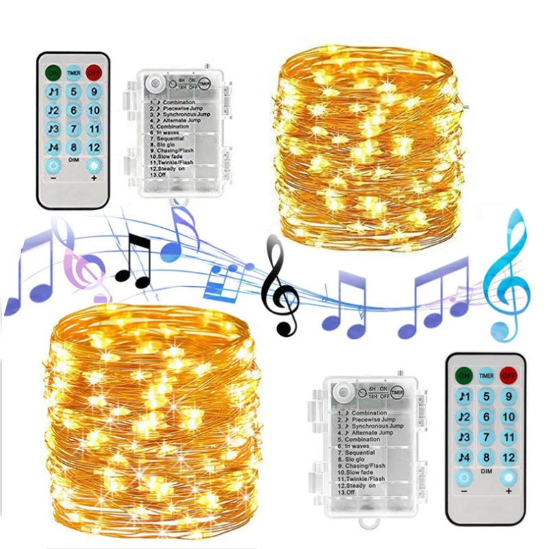 Battery Operated Sound Activated LED Music String Lights 5M 10M Silver Wire Garland Home Christmas Wedding Party Decoration | Освещение