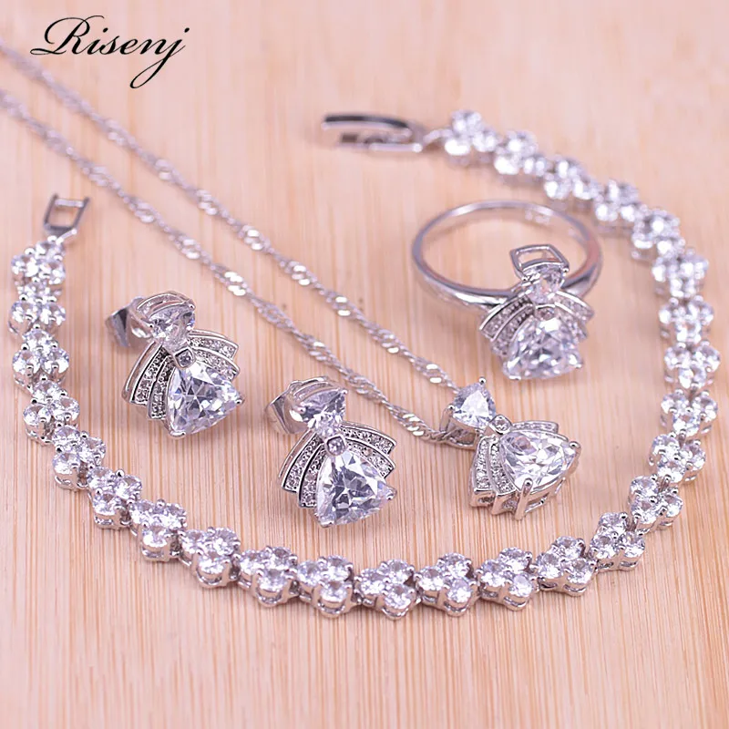 

Risnej White Crystal & Zircon Silver 925 Costume Jewelry For Women Stud Earrings Ring Necklace With Star Bracelet Accessory