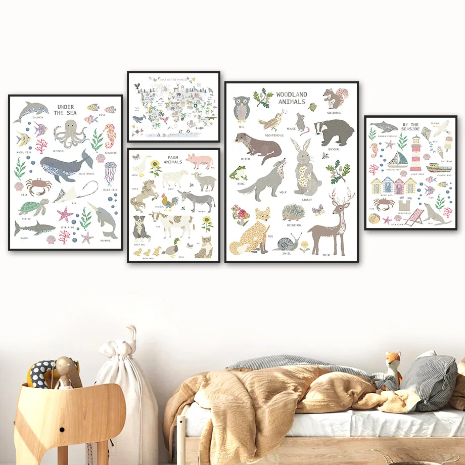 

SAFARI Animal Farm Ocean Bird Map Alphabet Wall Art Canvas Painting Nordic Posters And Prints Cartoon Pictures Kids Room Decor