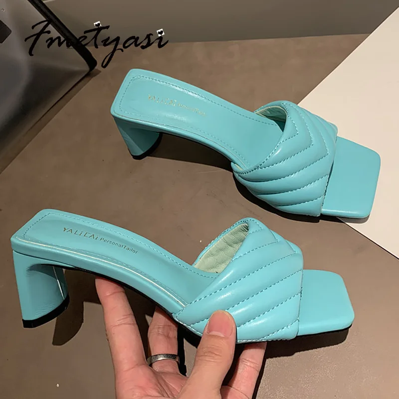 

Women Pumps Chunky Heels Fashion Breathable Genuine Leather Striped Square Toe High-heeled Sandals Wear-resistant Slingbacks