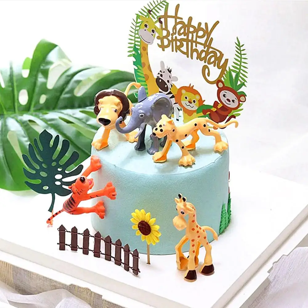 

6pcs/set Animal Ornaments Cake Topper Forest Zoo Theme Giraffe Lion Birthday Party Children's Day Cake Dessert Cupcake Decor