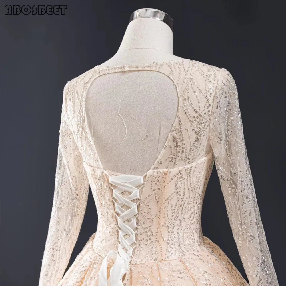 

Long Sleeve Wedding Dress 2021 Champagne Ball Gown Wedding Gown with Long Train Sparkly Sequins Lace Vestido De Noiva