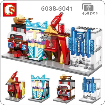 6038-6041 Sembo Mini City Street, кофейная пицца, хижина, магазин, ресторан, Китай, городской набор, 3D модель, блоки, строительные игрушки для детей, без коробки - Цвет: 6038-6041