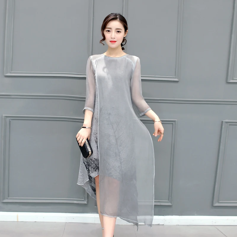 

Summer new irregular mulberry silk dress female printed silk beach dress