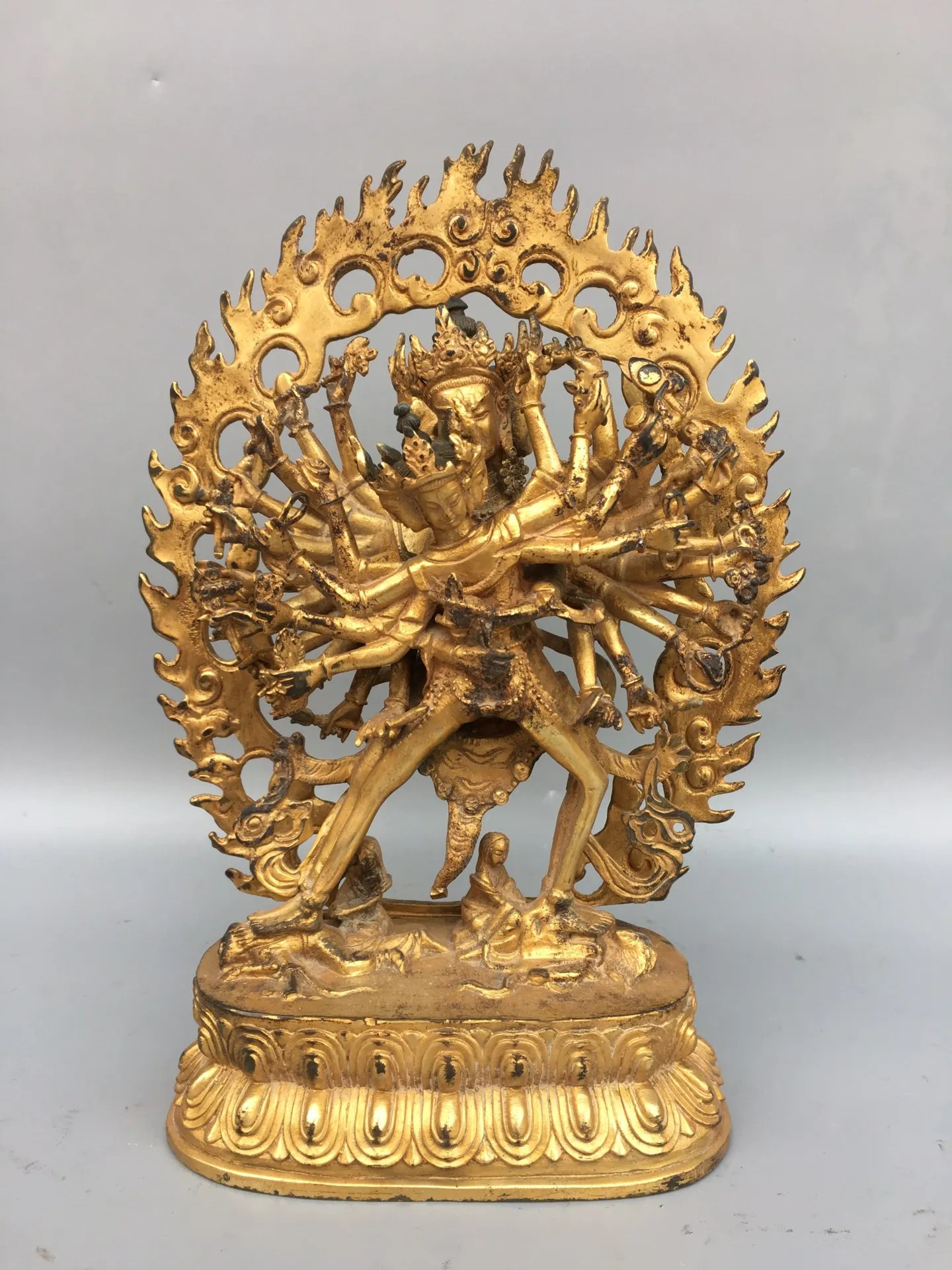 

11"Chinese Folk Collection Old Bronze Gilt Thousand hands Happy Buddha Yab-Yum Back light Standing Buddha Ornaments Town House