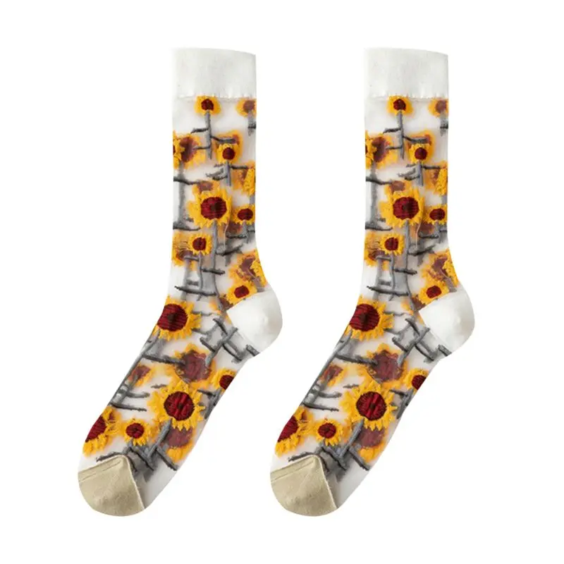 

Women Summer Mesh Crew Socks Tropical Sunflower Jacquard Glass Fiber Hosiery F3MD