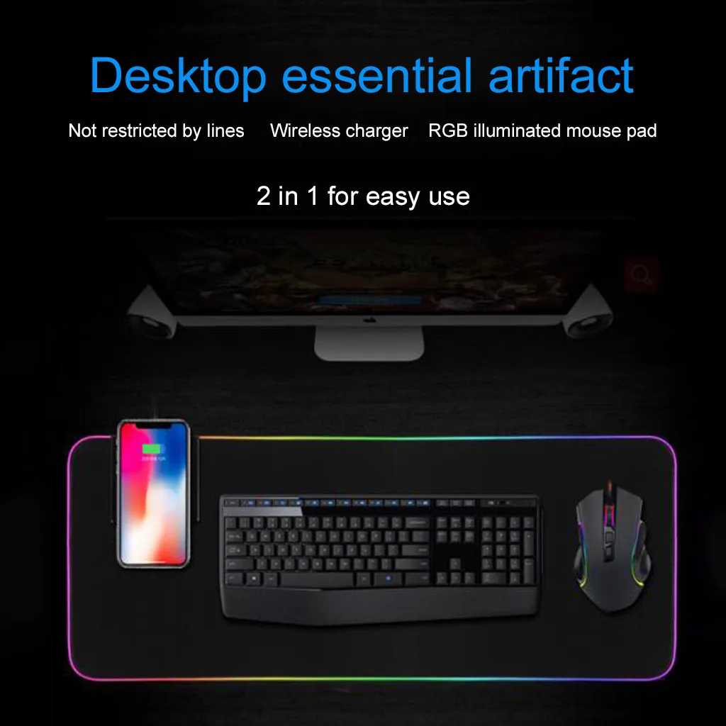 

Large Extended RGB LED Lighting Keyboard Mat Gaming Mouse Pad Wireless Charging Black Technology