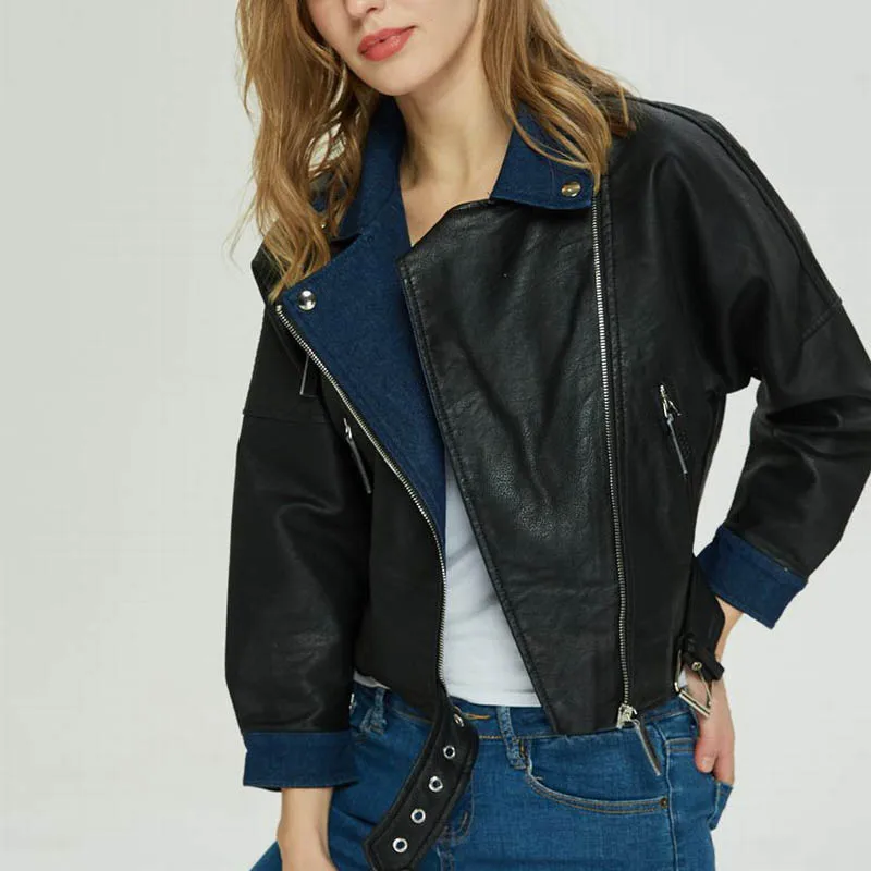 Женская байкерская куртка из искусственной кожи черная джинсовая простроченная
