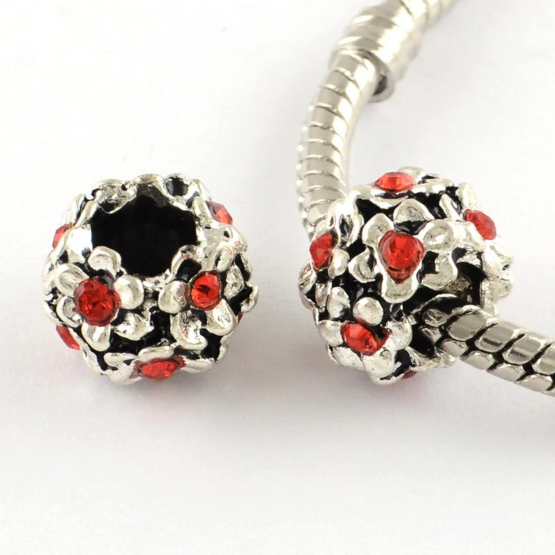 50pcs Antique Silver Plated Alloy Rhinestone Large Hole European Beads Rondelle with Leaf Mixed Color 9x7mm | Украшения и
