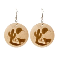 western cactus horse moon pattern round wooden button dangle drop earrings for women minimalist geometry party daily jewelry
