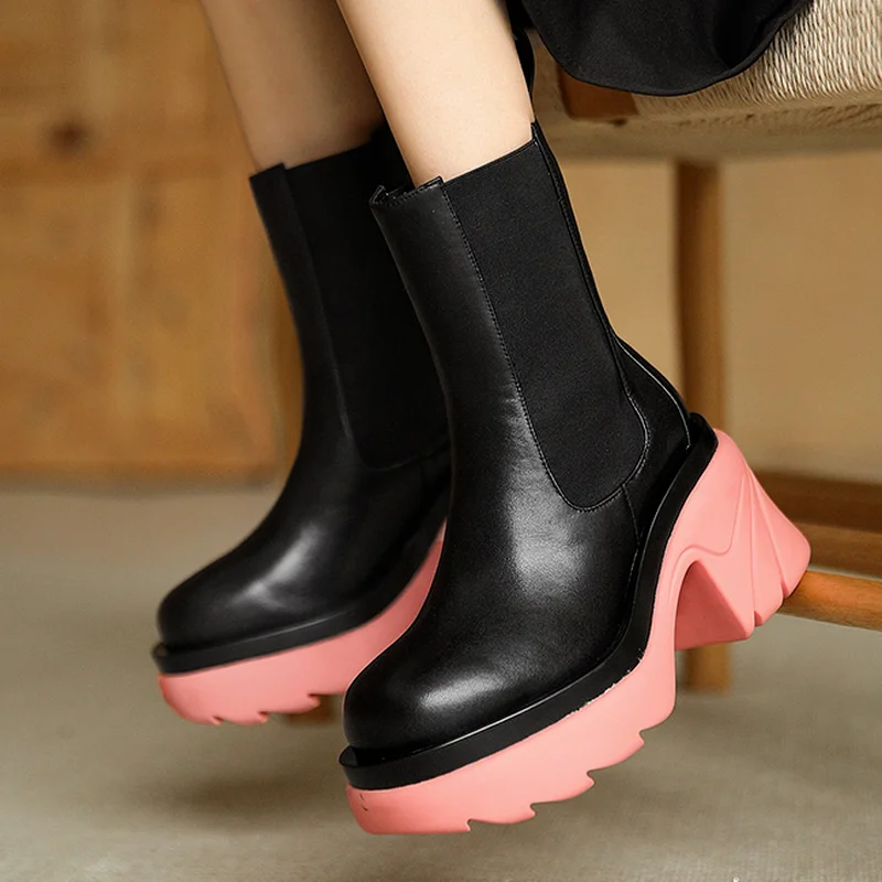 

Женские ботинки челси на платформе, повседневные эластичные ботинки на высоком каблуке, с круглым носком, осень 2021