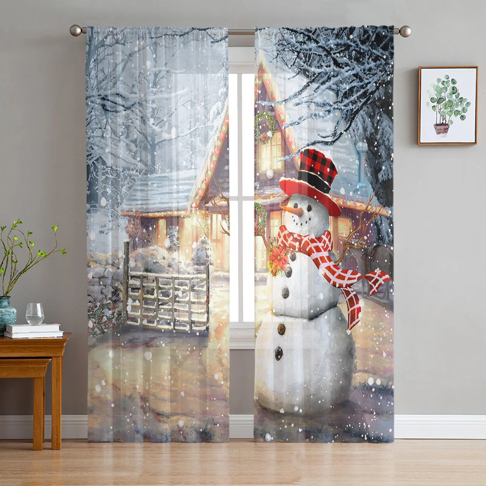 

Рождественские Зимние Снеговики иллюстрация леса тюлевые прозрачные оконные шторы для гостиной спальни Декор вуаль шторы занавески
