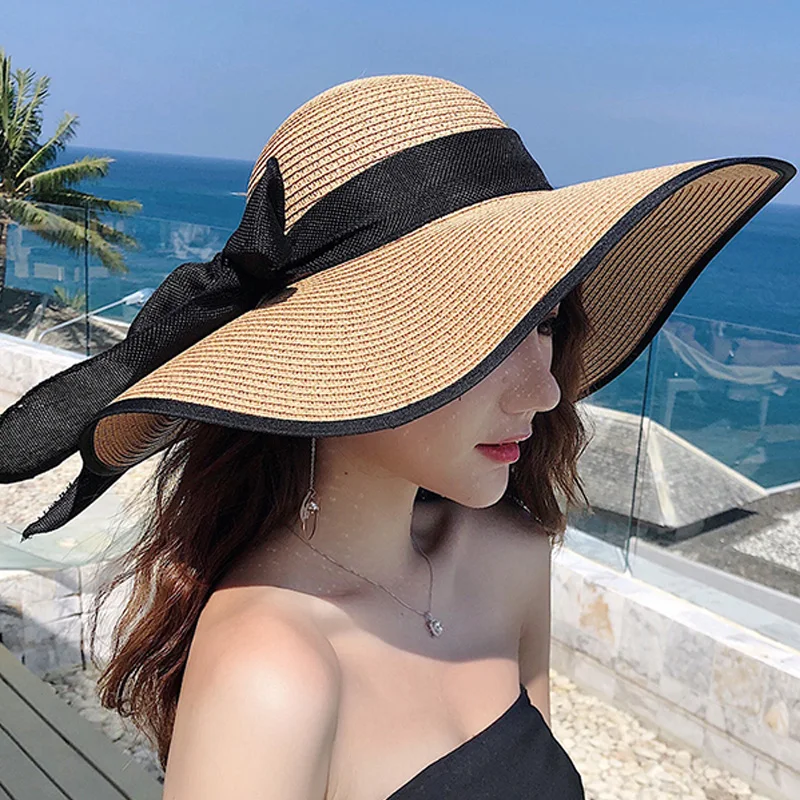 Летняя соломенная широкополая шляпа с широкими полями Пляжная складная бантом