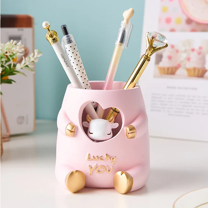 

Pen Holder Creative Resin Craft Pen Holder Cute Animal Cow Office Desk Pencil Organizer Desktop Decor Desk Organizer