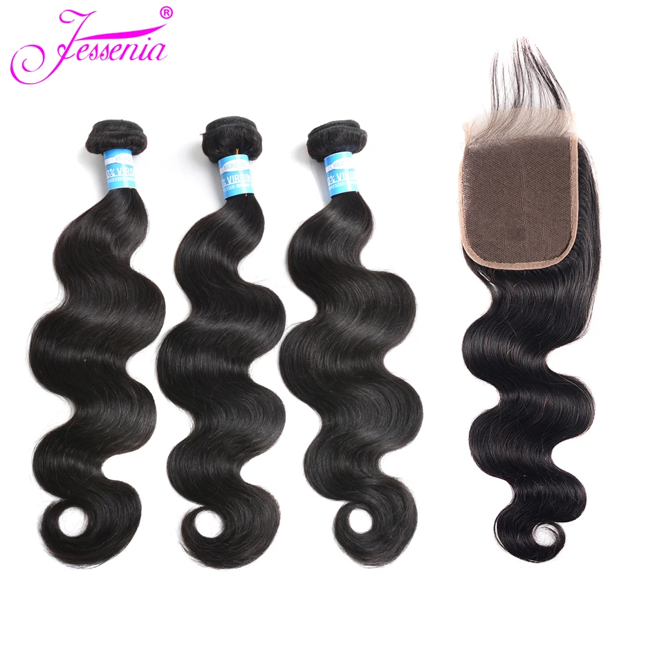 Перуанские пучки волос с закрытием перуанские объемные волнистые 3 пучка не Реми