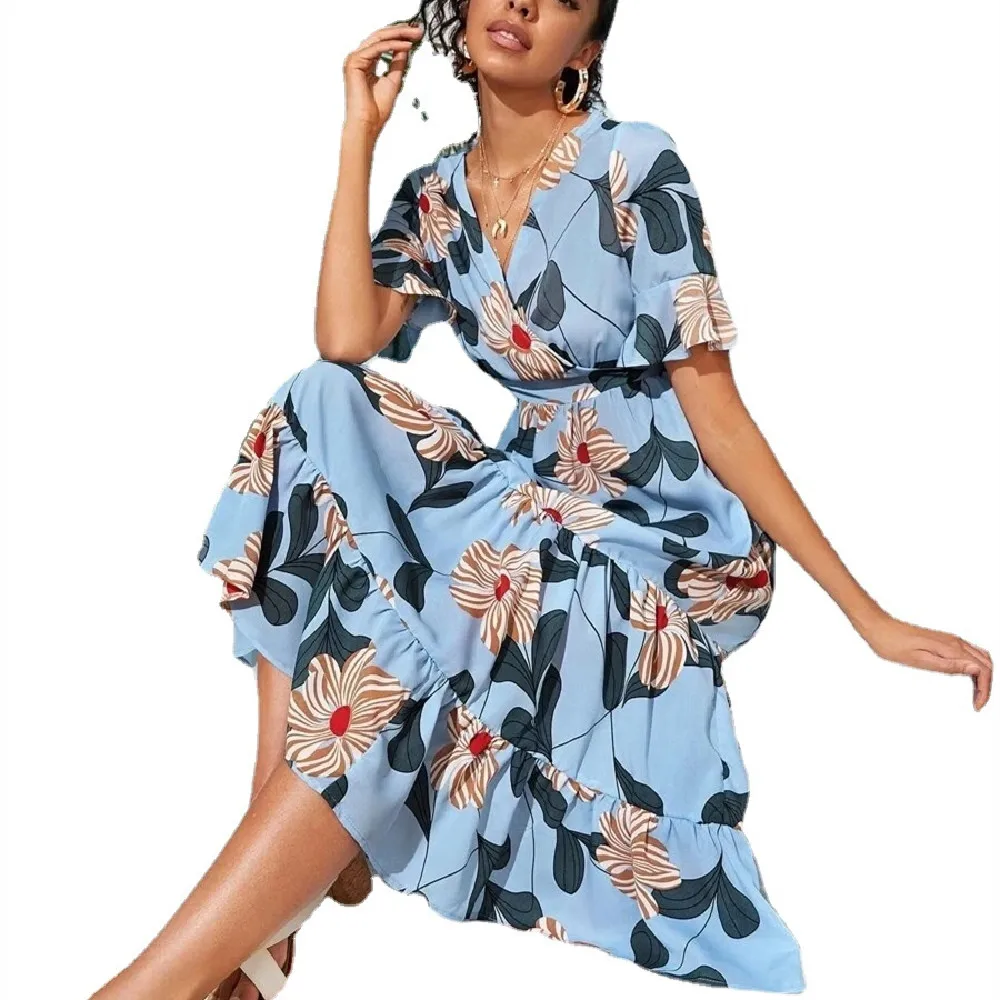 

Women fashion french V-neck holiday casual flared sleeve swing dress foral print dressx