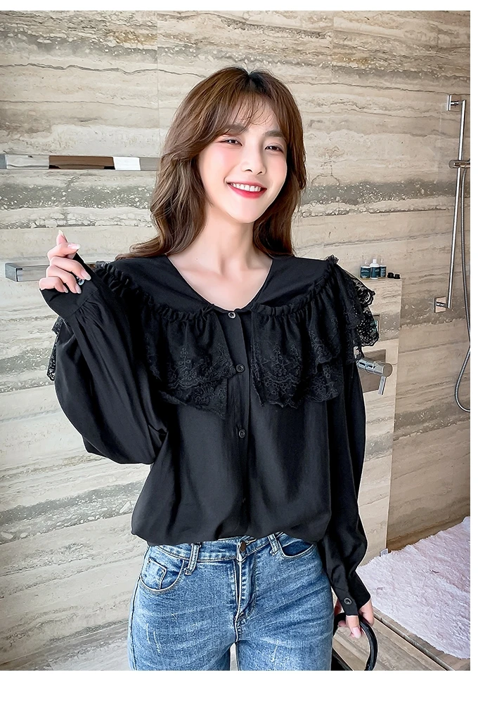 

COIGARSAM Full Sleeve blouse women New Spring Loose Peter pan Collar blusas womens tops and blouses Apricot White Black C3513