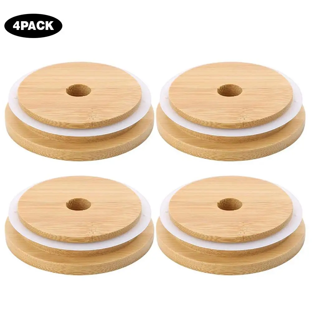 

4Pcs Mason Jars Bamboo Lid Reusable Jar Caps Lids 70MM 88MM Mason Jars Storage Bottles Bamboo Covers Lids With Straw Hole