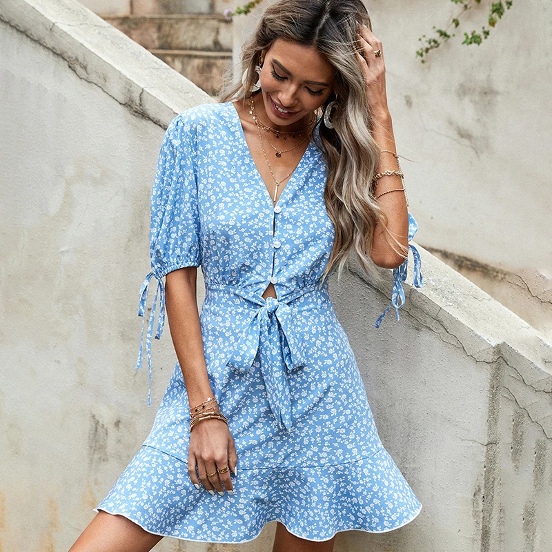 

UETEEY Dresses Dress Women Summer Women's Spring Woman Boho 2021 Vintage for Casual Blue 2020 Short Dots Sleeve Clothing