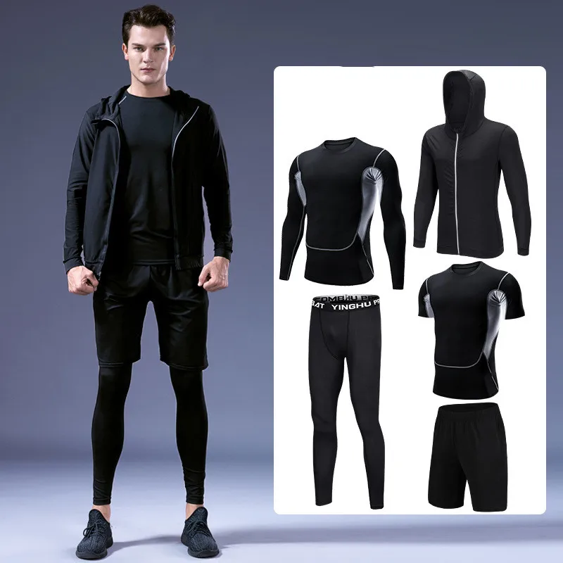 

2021 spring and autumn new men's fitness suit fashion casual stretch basketball running training suit sports five-piece suit