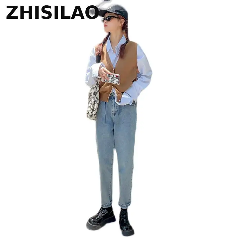 

ZHISILAO High Waist Harem Jeans Women Plus Size Retro Boyfriend Straight Denim Pants Streetwear Blue Washed Jeans 2021