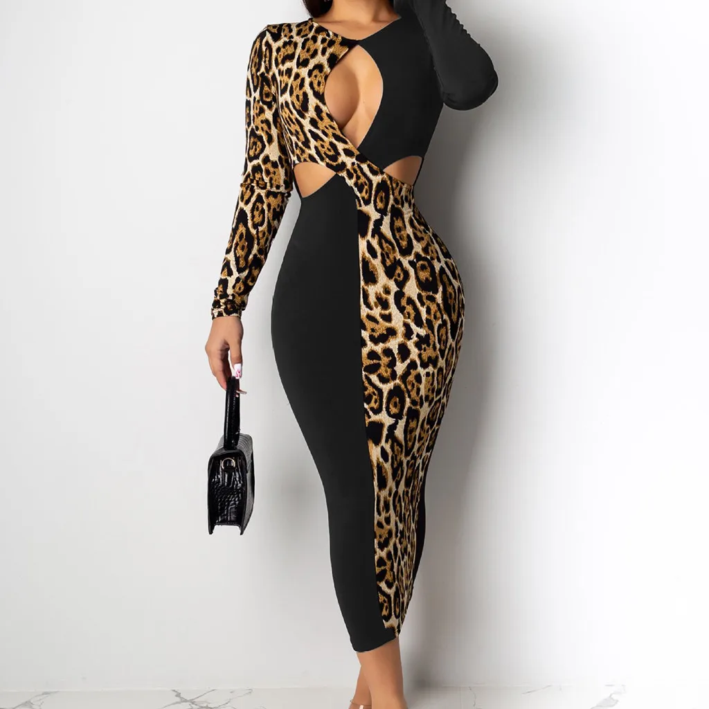 Женское Клубное платье с леопардовым принтом ажурное лоскутное длинными
