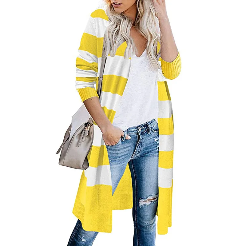 

OMCHION Vintage Striped Long Cardigan 2020 Autumn Winter New Sweater Contrast Color Striped Cardigan Women Korean Knitwear LYT39