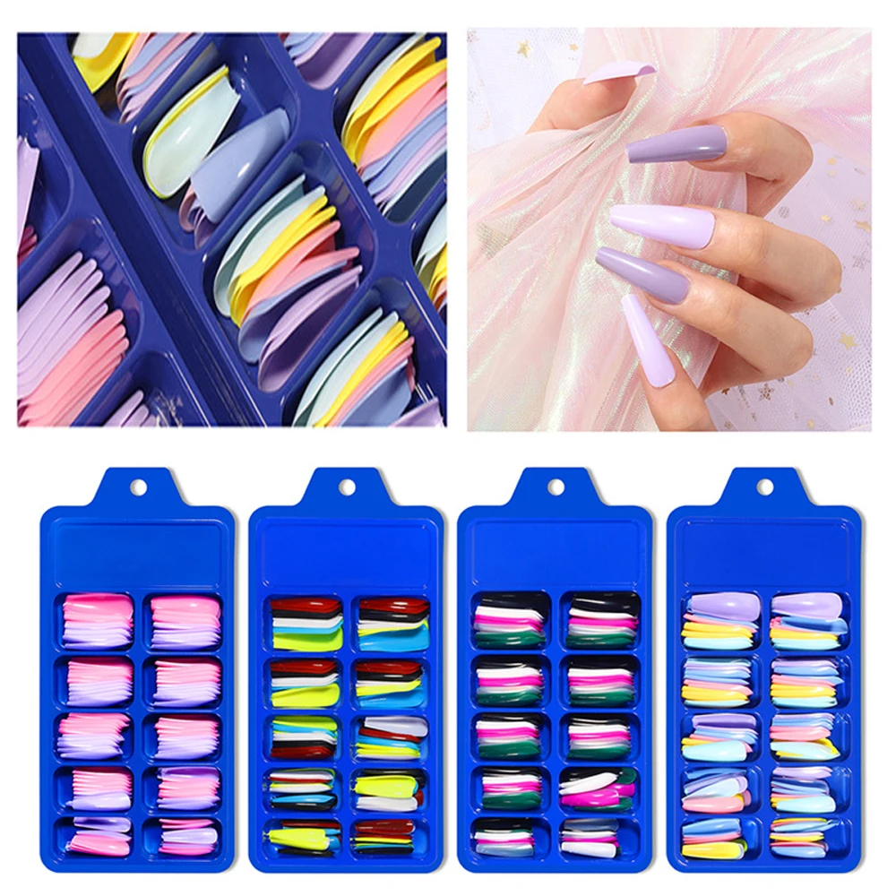 

100Pcs False Press on Nails Tips Ballerina Artificial Acrylic Fake French Rainbow Solid Color Coffin Full Cover for DIY Nail Art