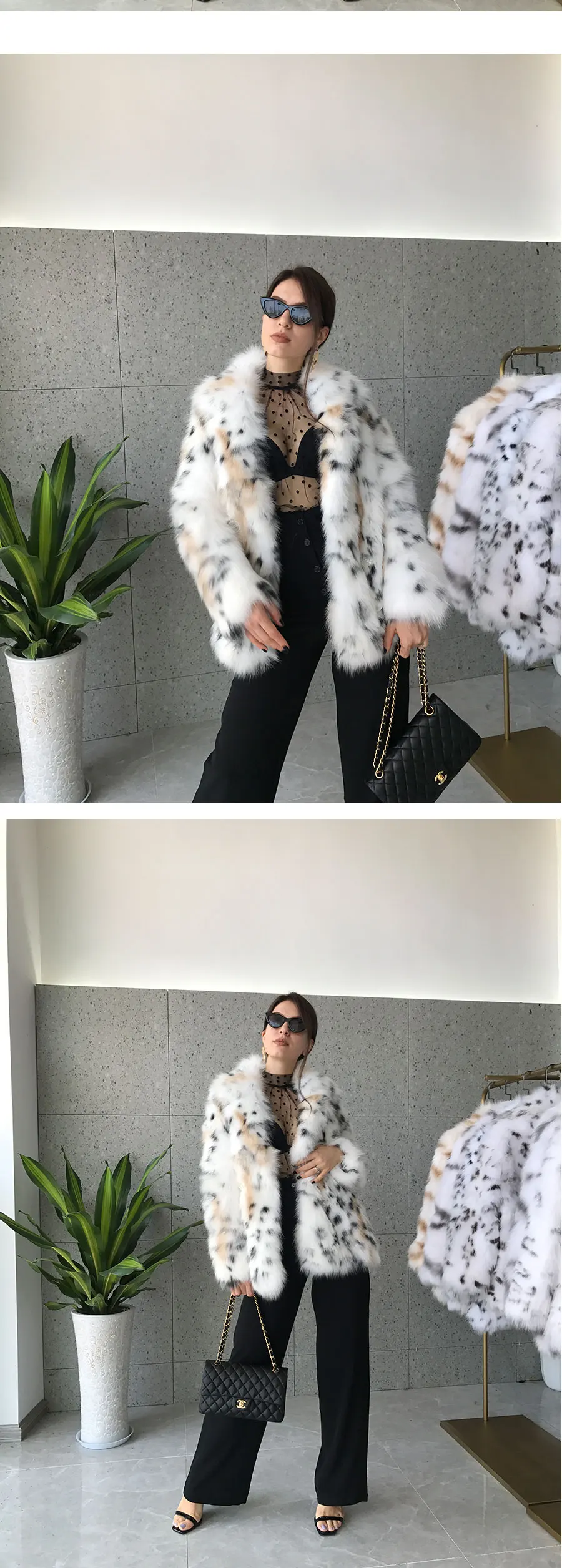 EIFURKOP Sexy Fashion Leopard Pattern Real Fox Fur Coat with big Collar Women Natural Fox Fur Jacket Long Sleeves WarmFur Coats