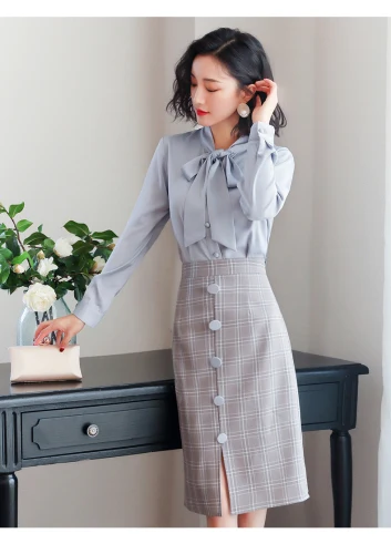 

Женский винтажный комплект из 2 предметов, свободный клетчатый комплект из 2 предметов, а-силуэта, с завышенной талией и бантом, в Корейском с...