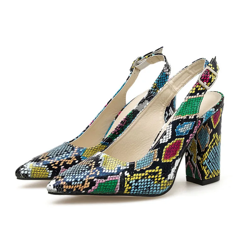 

Colorful snake pattern versatile thick heel pointed back sandals high heels women's shoes