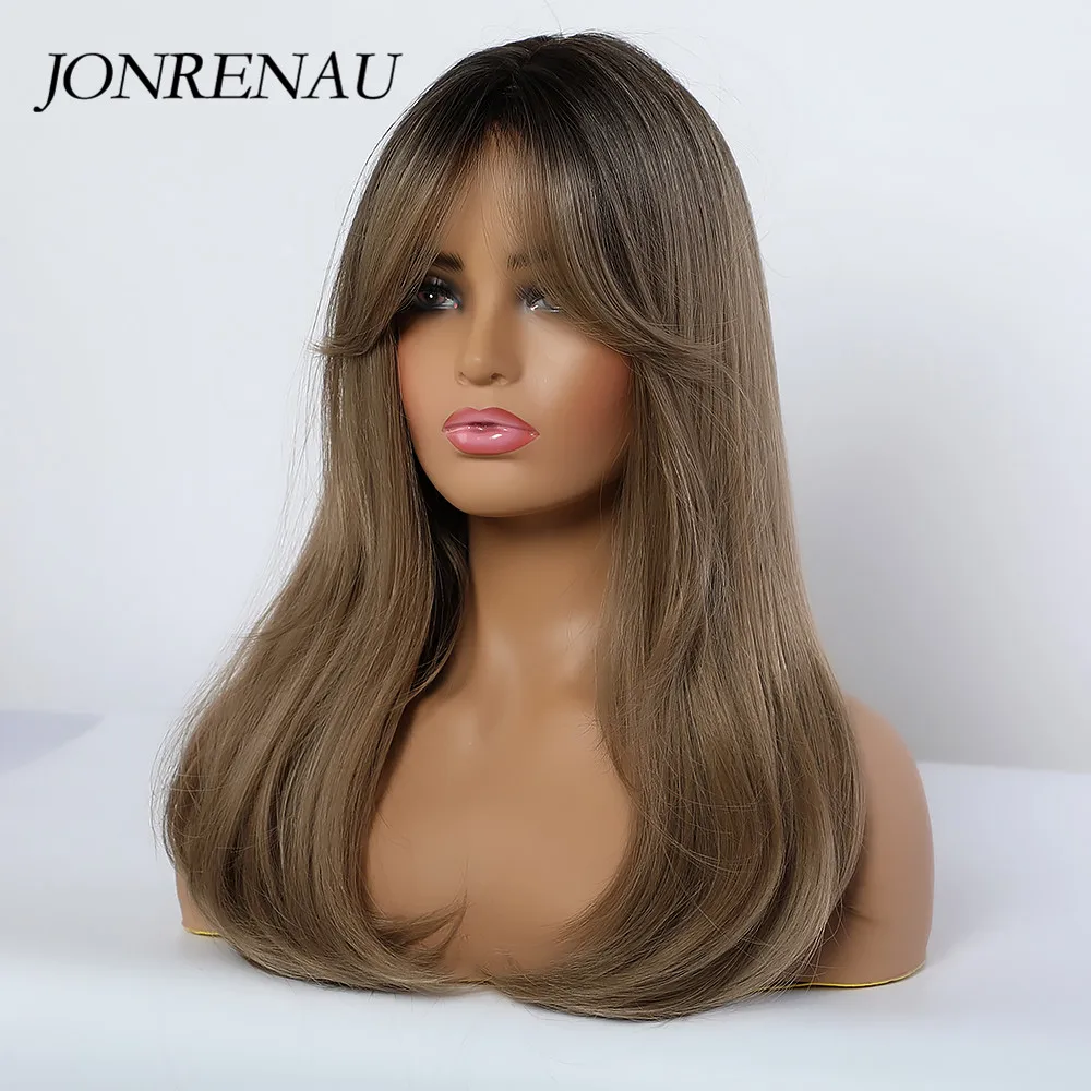 Jonrenau Synthetic Natural Wave Wigs with Side Bangs Black Root Light Brown for Women Daily Party | Шиньоны и парики