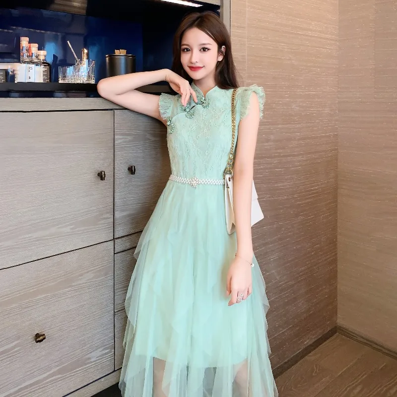 Ципао в улучшенном стиле без рукавов кружевное платье во французском женское