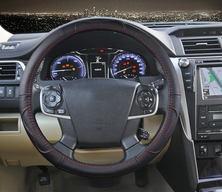 38 см автомобильный чехол на руль из натуральной кожи для toyota Corolla Vios eiz YARIS AURION RAV4 - Название цвета: red line black