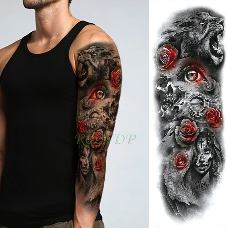 

Waterproof Temporary Tattoo Sticker wolf red rose heart skull clock full arm large fake tatto flash tatoo stickers for men women