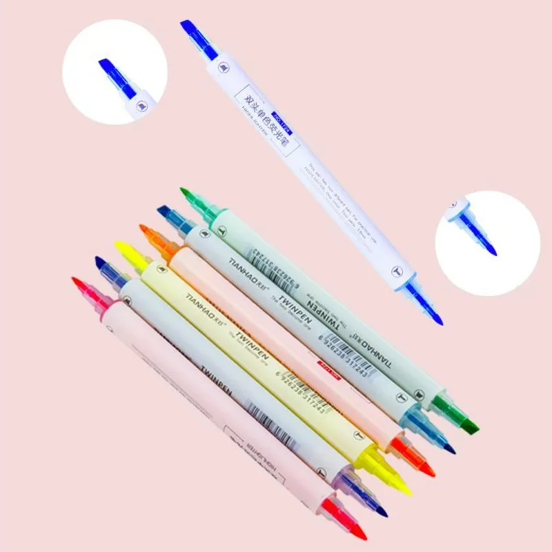 

6Pcs/Set Dual Head Fluorescent Highlighter Markers Pastel Drawing Pen For Student School Office Supplies Oblique Round Head Pen