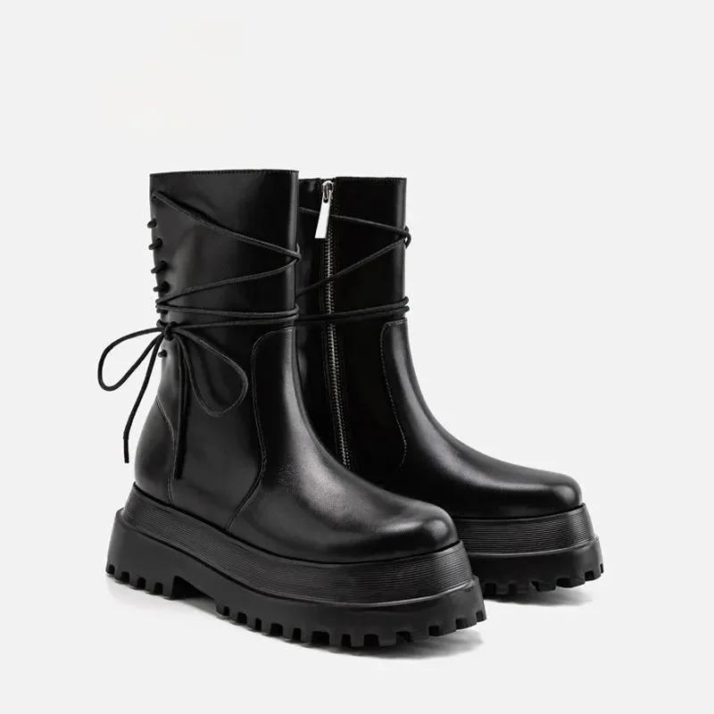 

Autumn Winter New Women's Shoes Solid Color PU Thick Bottom Side Zipper Laces Fashion Trend Street Cool Martin Boots Punk Shoes