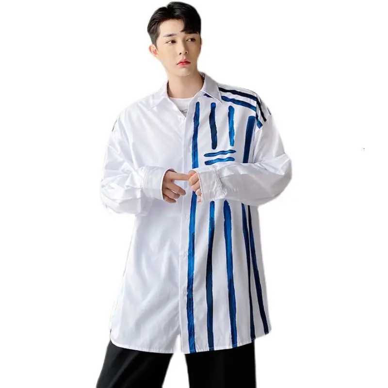 

IEFB Men's Oversize Spring New Long Sleeve White Shirt Korean Trend Loose Handsome Strip Printing Long Sleeve Causal Tops 9Y5359