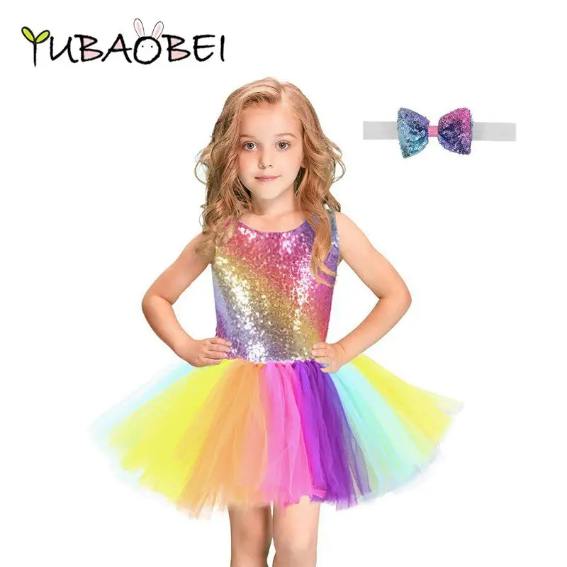 Rainbow Sequins Tutu Dress for Kids Fashion Backless Sleeveless Tulle Girls Clothes Colorful Children Girl Party Frocks | Детская одежда