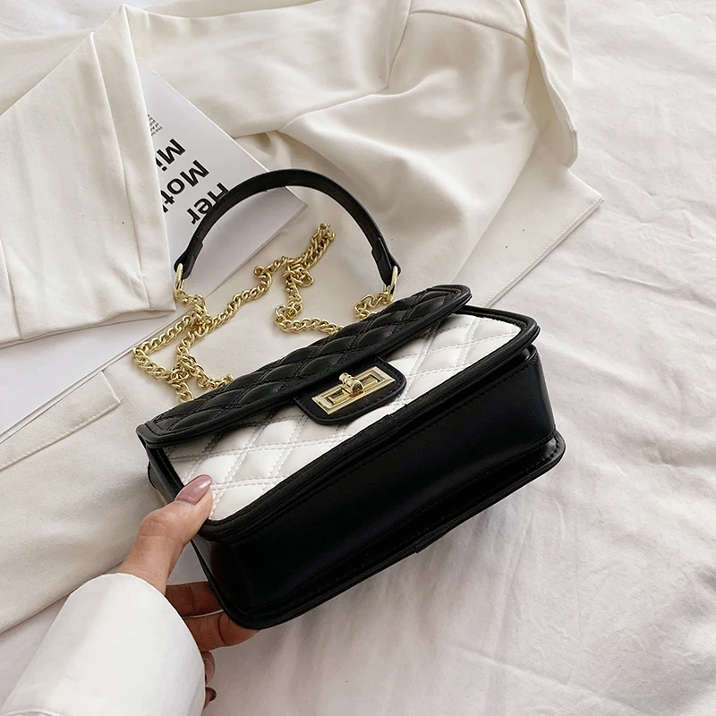 

2021 new fashion rhombic chain bag wild black and white hit color one shoulder messenger high-end ladies small square bag