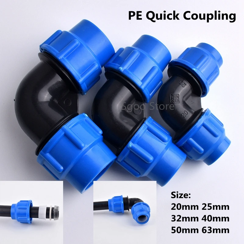 

1PC 20~63mm Water Pipe Connectors Agricultural Irrigation System PE Garden Right Angle Elbow Connector Irrigator Tube Fittings