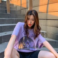 summer purple vintage printed t shirt loose casual high street hip hop style casual cotton blouse