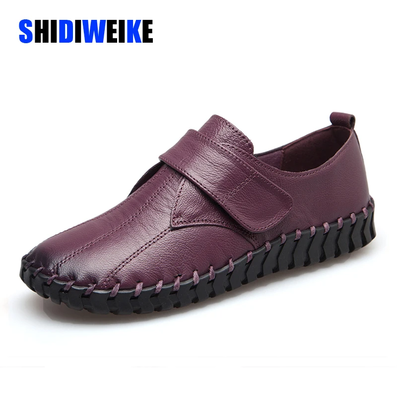 Spring Ladies Genuine Leather Handmade Shoes Women Hook&Loop Flat Shoes Women Autumn Soft Loafers Flats