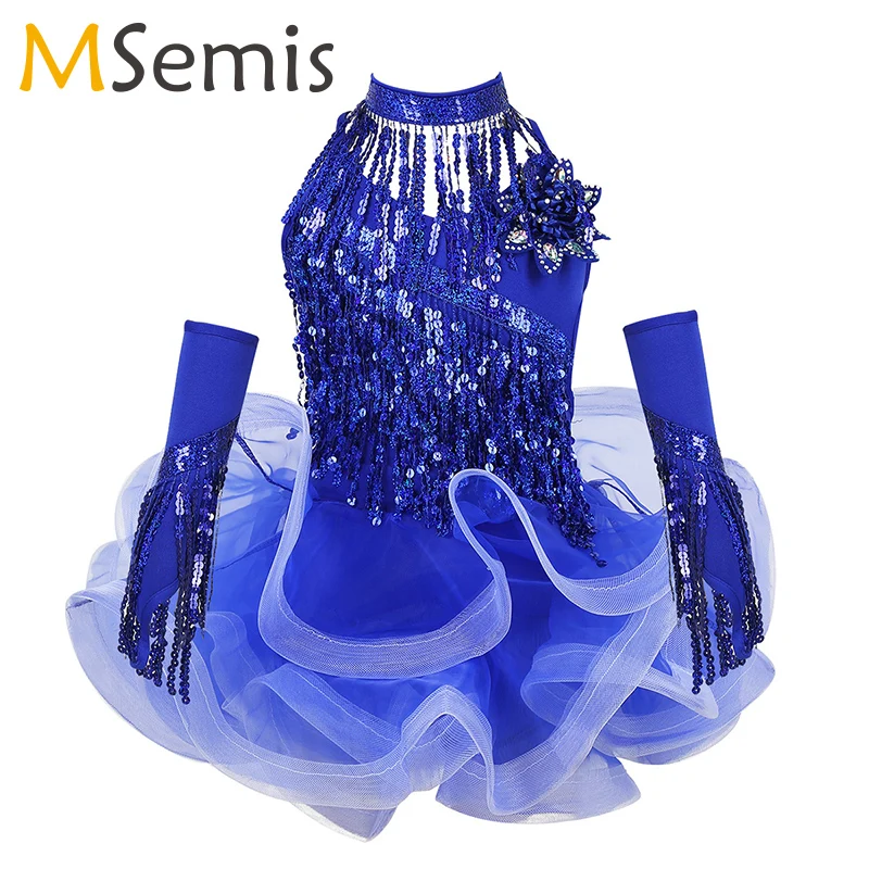 Костюм для латинских танцев девочек Платье пачка без рукавов с блестящими